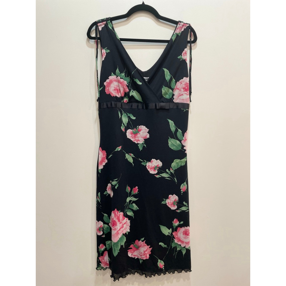 Vintage Y2K Dark Floral Sleeveless Babydoll Dress 14 Bow Romantic Fairy Coquette